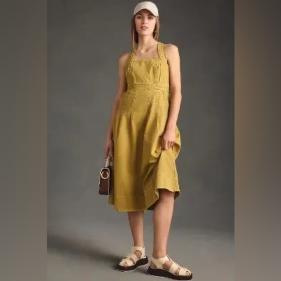 Anthropologie Pilcro Cross-Back Apron Pleated Dress Gold Woman's Size 00 - Picture 1 of 11
